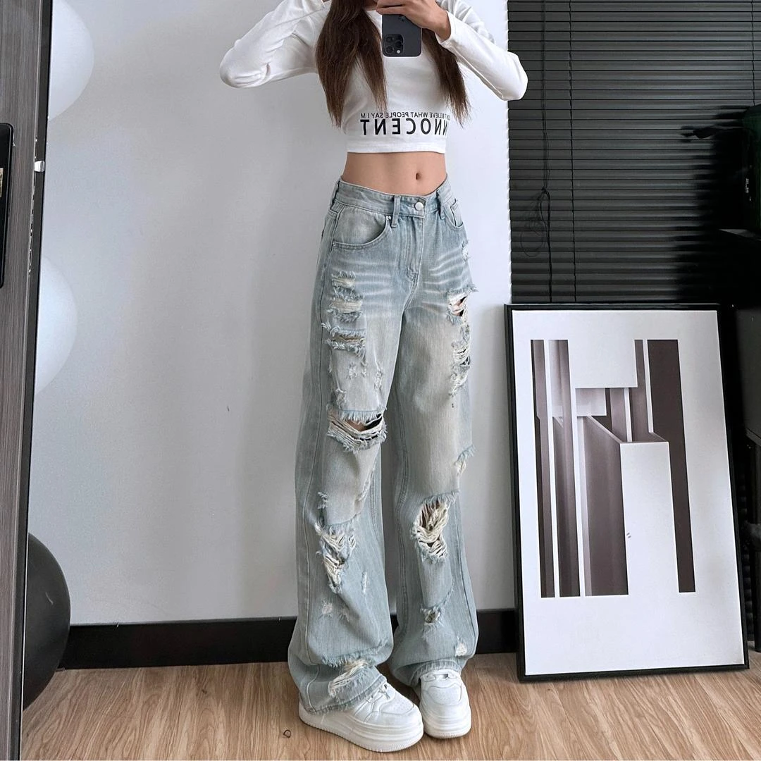 2025夏季小个子宽松时尚美式高街破洞直筒牛仔裤扎染破洞