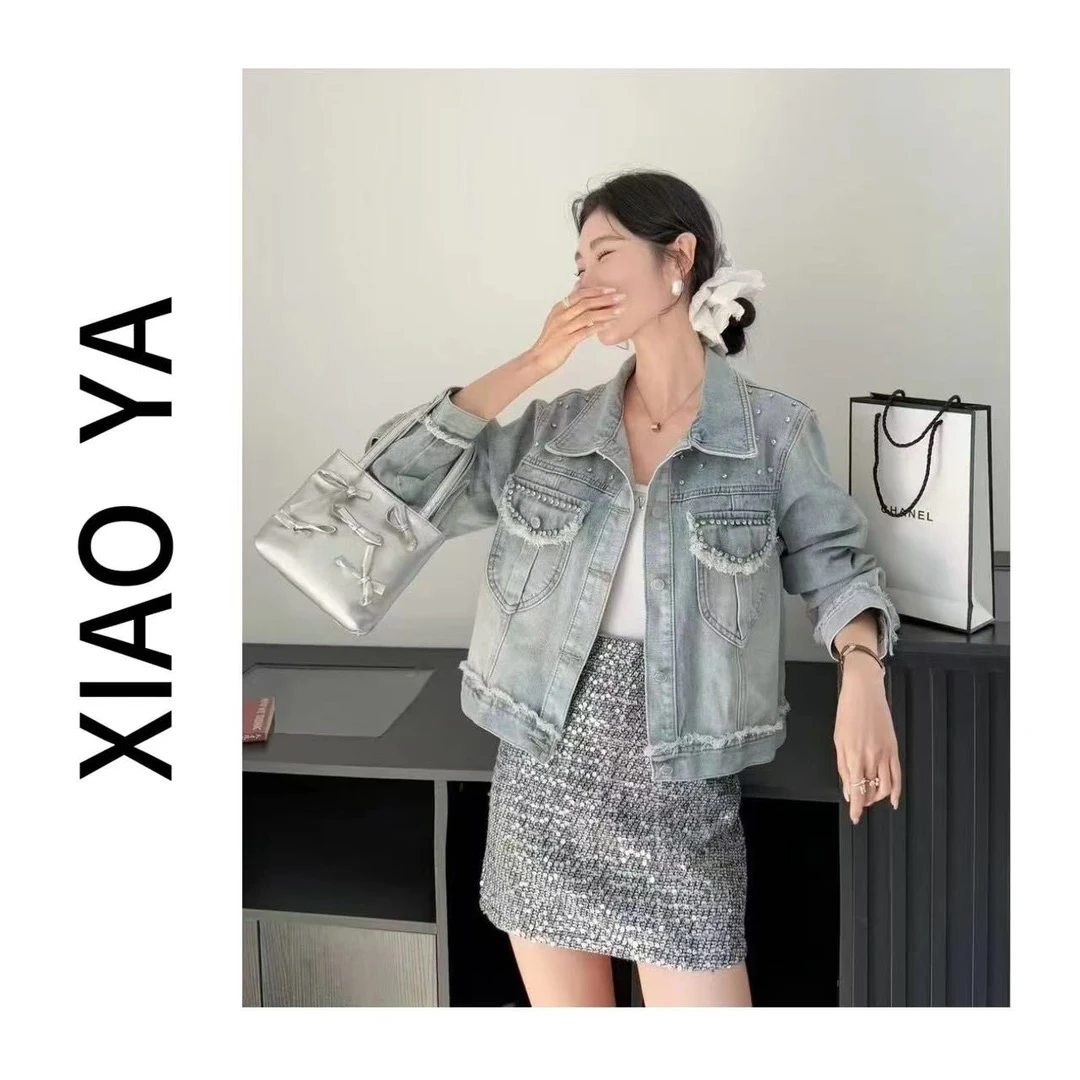 1037春季新款韩版重工钉珠毛边百搭显瘦牛仔外套