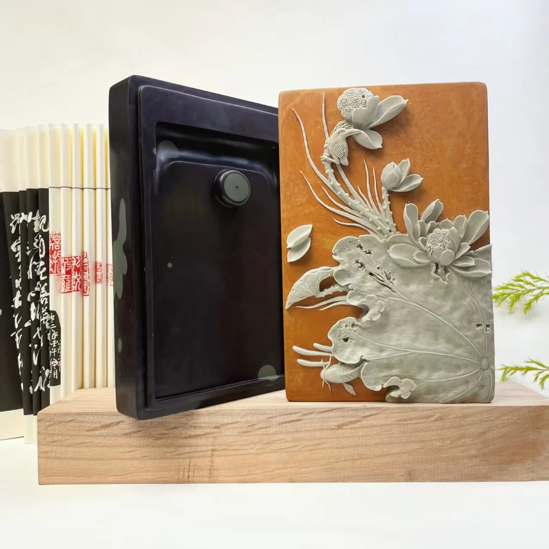 中国彩砚攀枝花苴却砚台纯天然石色盖砚《荷香清远》纯手工雕刻