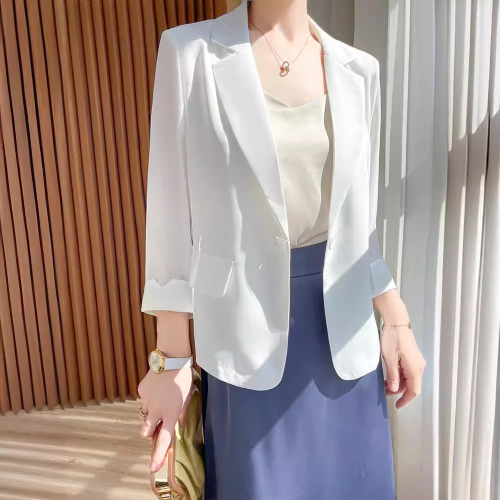 高级垂感轻质绸缎上衣简约色雪纺小西装外套女性春秋款通勤气质
