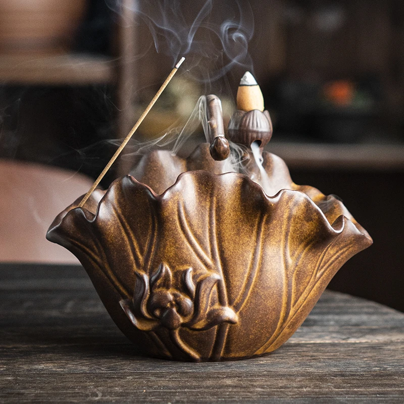 复古陶瓷荷花香炉大号盘香线香倒流香三用香道茶器摆件