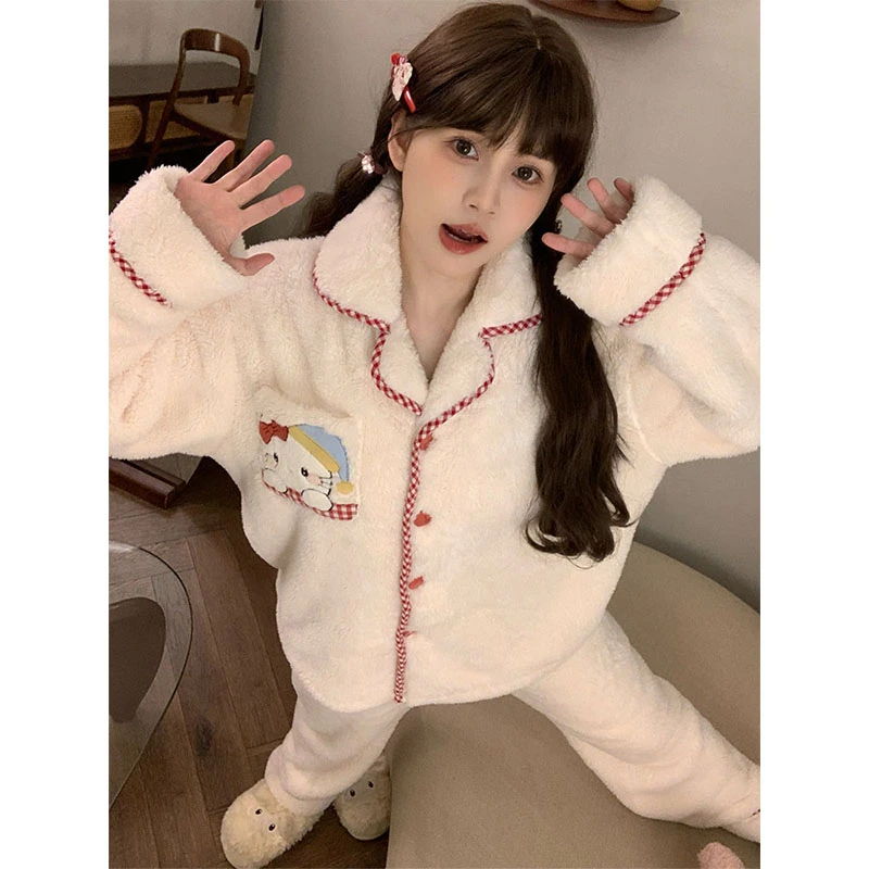日系甜美猫咪珊瑚绒睡衣女款秋冬季爆款加绒加厚法兰绒家居服套装