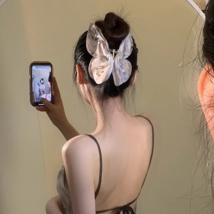夏季新款薄纱蝴蝶发夹高级感法式简约鲨鱼夹子头饰女超仙盘发抓夹