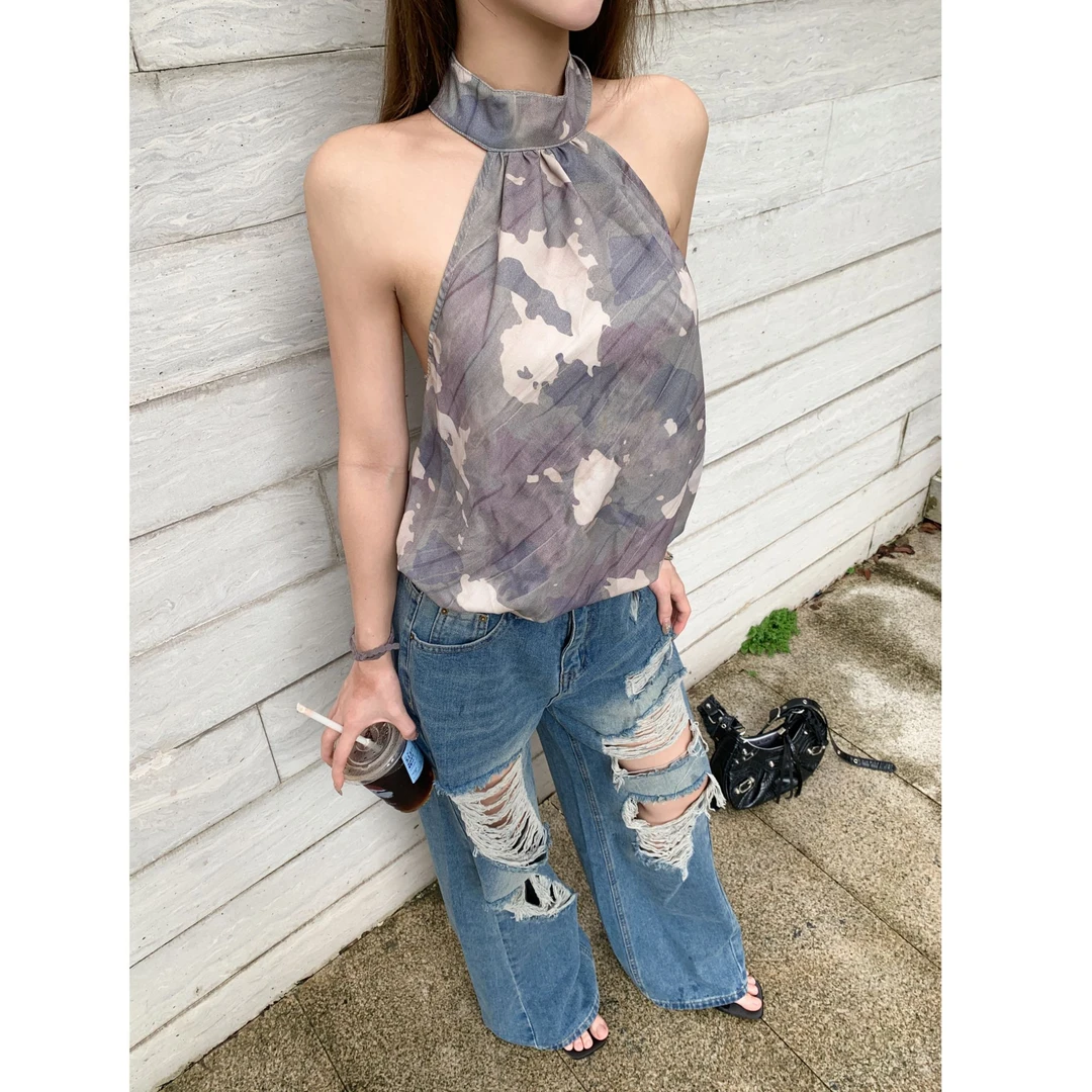 1LIYUNER  莱赛尔迷彩花苞挂脖吊带背心女夏美式宽松圆领纯欲上衣