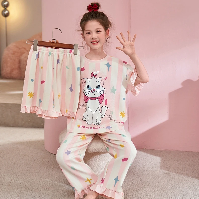 儿童睡衣夏季薄款女孩卡通圆领短袖三件套中大童透气家居服21173