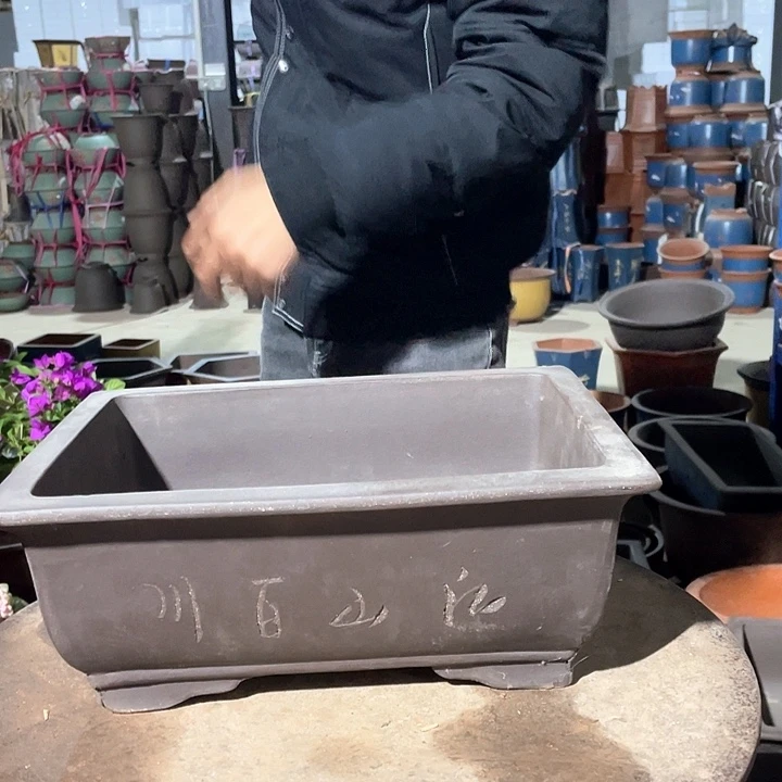 紫砂32刻绘马槽花盆