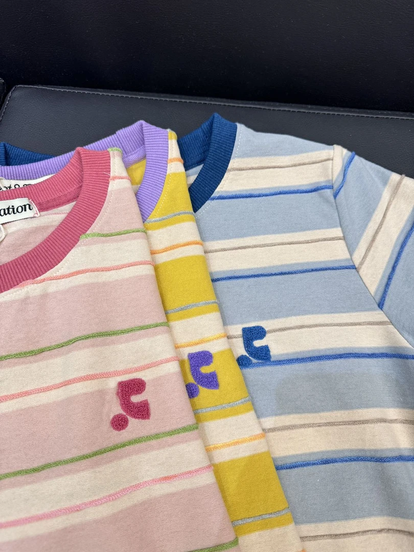 韩版慵懒风撞色条纹正肩短袖t恤男女夏季超好看小狗刺绣半袖上衣