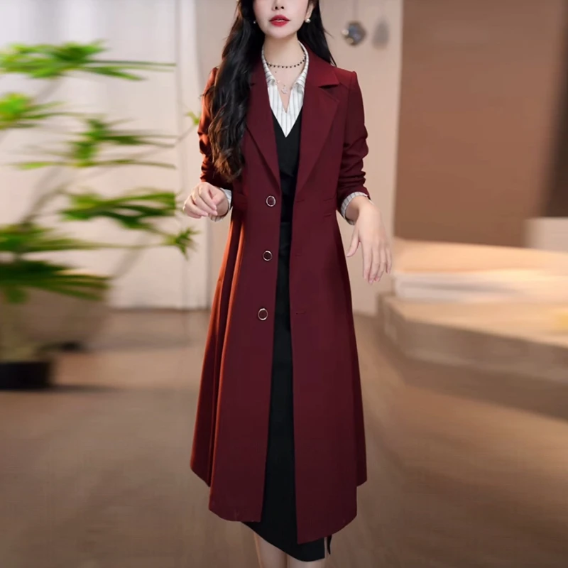 斜纹精纺中长款外套女2025秋季新款长袖时尚修身显瘦韩版气质风衣