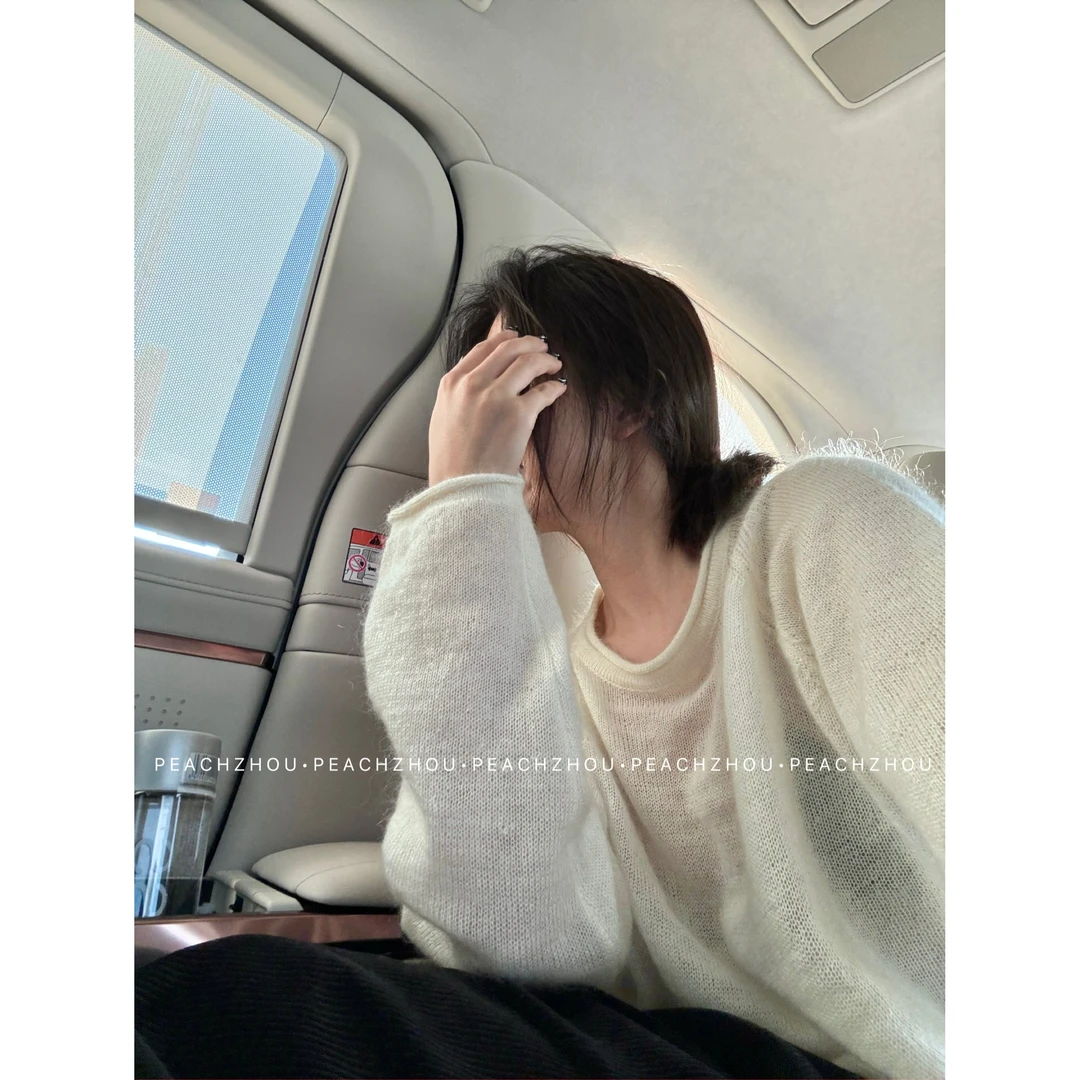 『PEACHZHOU』马海羊毛卷边圆领针织衫简约休闲百搭微透慵懒毛衣女