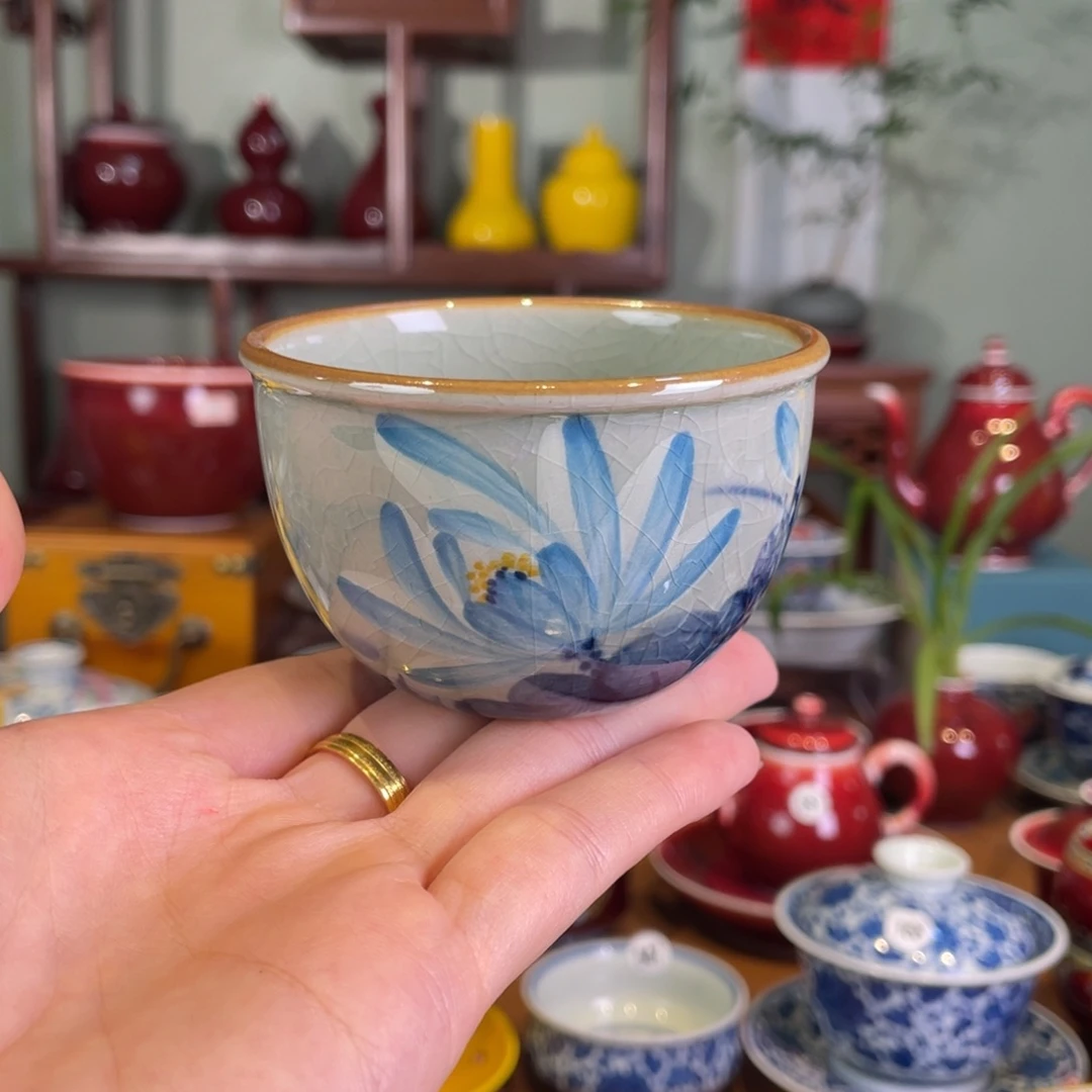 清欢柴窑，老陶泥蓝莲花缸杯