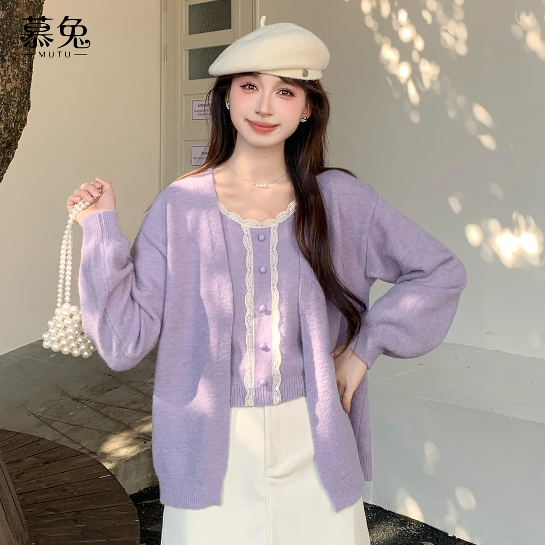 【粉丝专属】TU28831针织毛衣开衫蕾丝吊带背心真两件女上衣套装