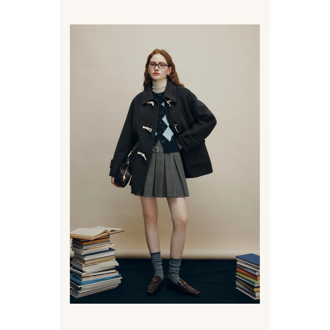 【诗语专属】法曼萱学院风牛角扣双面呢大衣女冬季毛呢外套DY2234