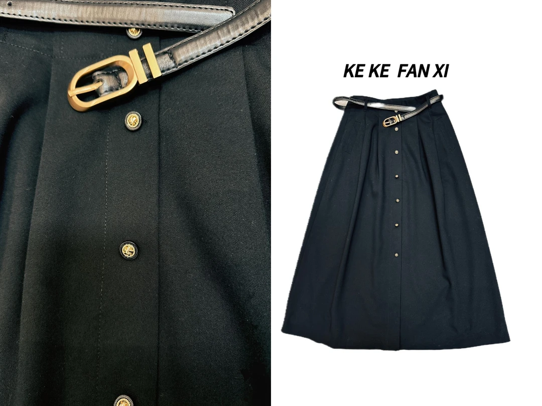 9918单排扣腰带半身裙显瘦气质时尚休闲百搭黑色中长款纯色