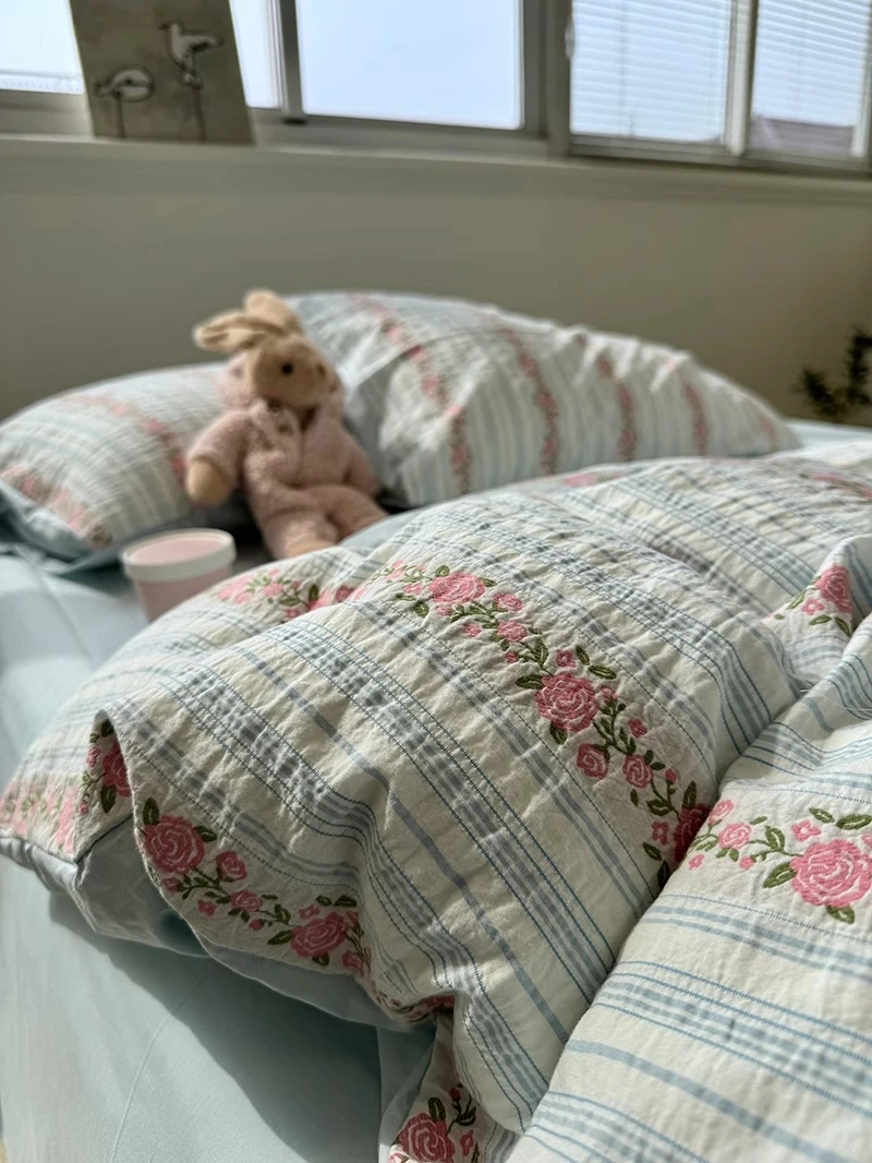 韩系小清新蓝色碎花条纹全棉水洗棉100%四件套纯棉家用床上用品