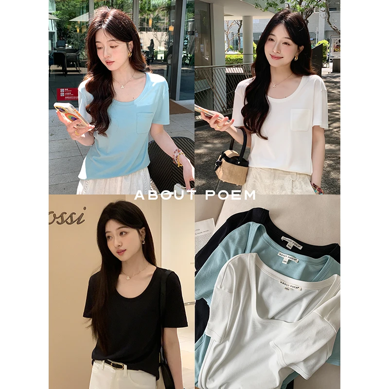 夏诗文 美国EASTMAN醋酸NAIA认证U领短袖白T恤女夏