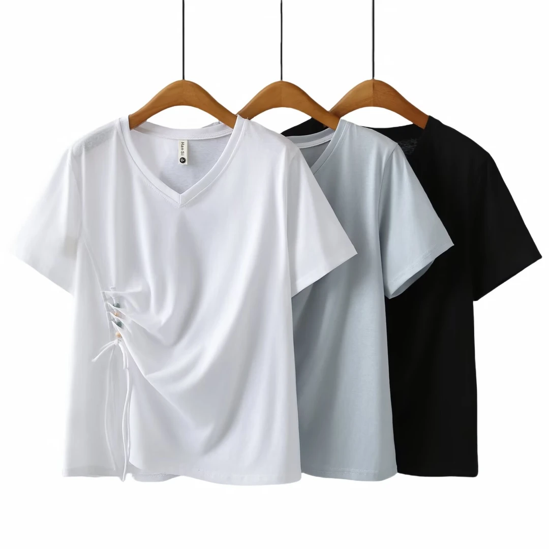 不规则muji风短袖夏季大码女士冰感T恤百搭V领通勤