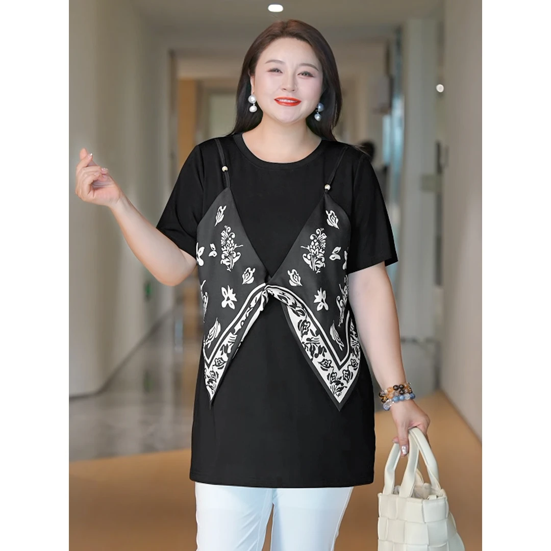 【夜昙花影】MsShe大码女装2025夏装假两件拼接印花T恤J~B2507016