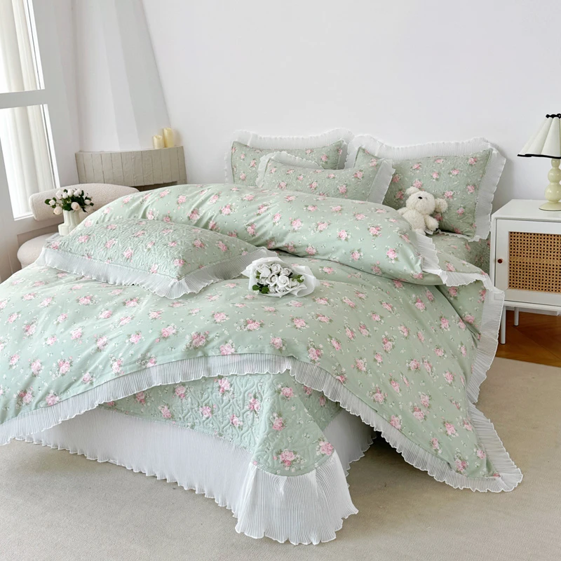 全棉夹棉四季通用床盖款纯棉公主风绗缝防滑单床盖三件套四件套