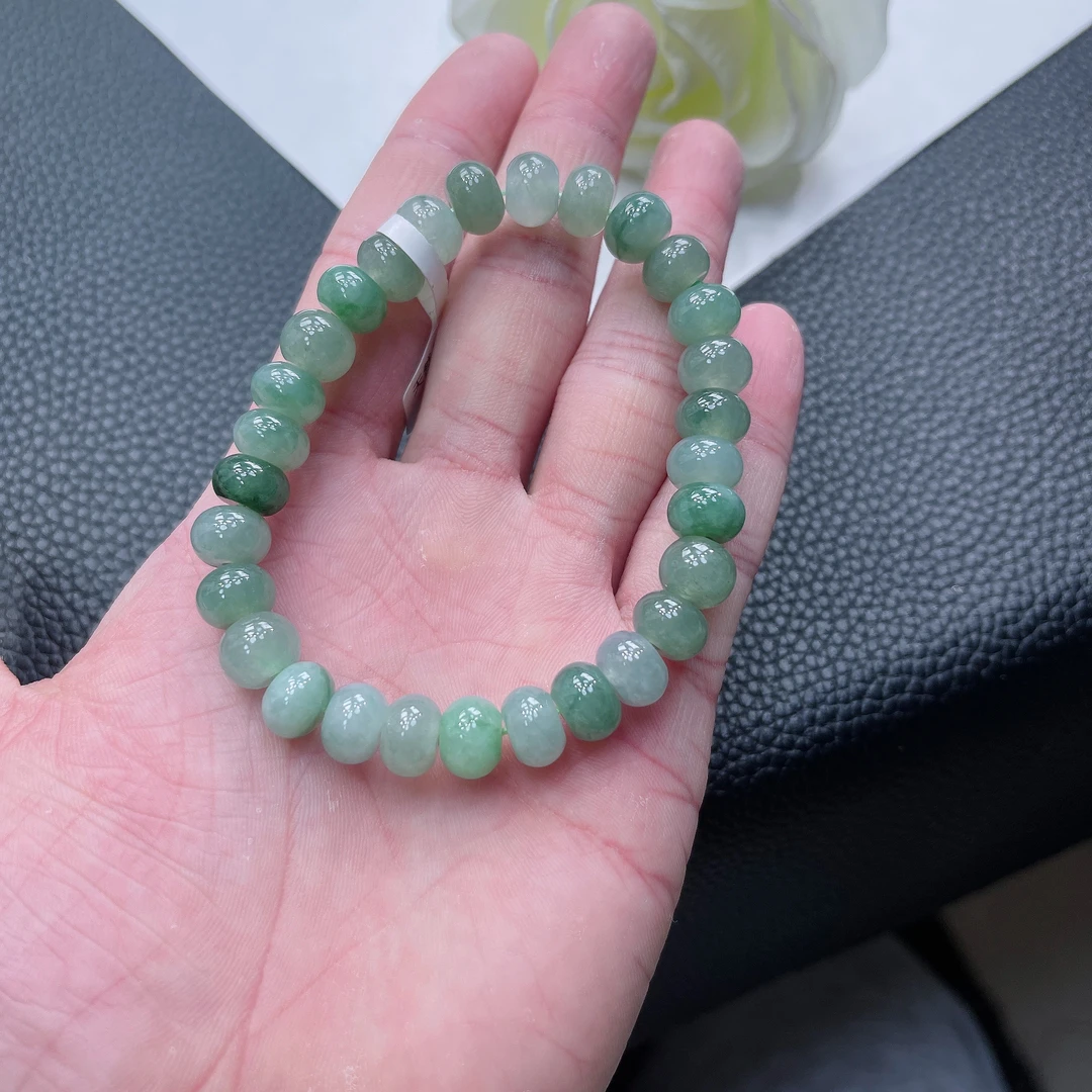 缅甸天然A货翡翠 飘花鼓珠算盘珠翡翠玉手串 29颗 卡9mm