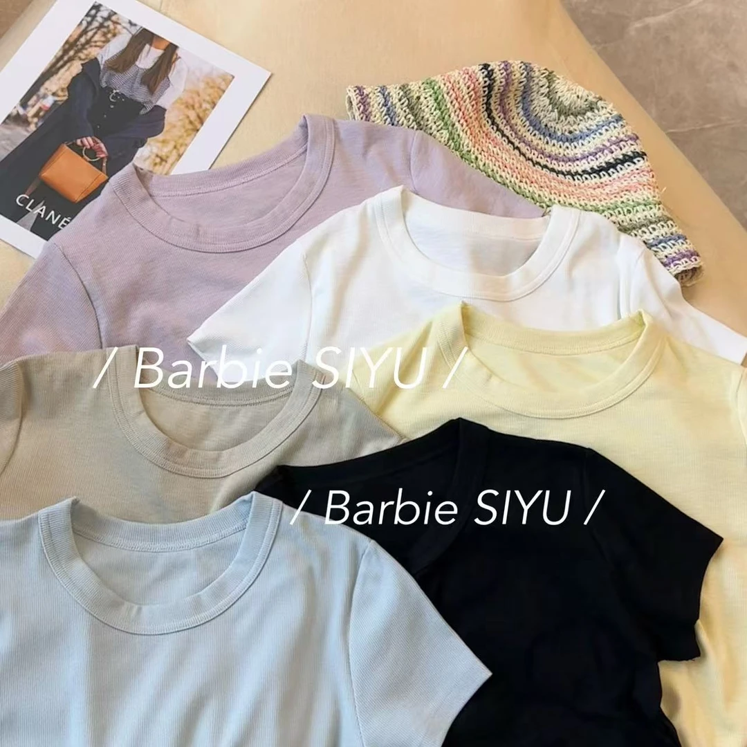 Barbie辣酱【真爱粉】832春夏季螺纹新款简约显瘦圆领正肩纯色T恤
