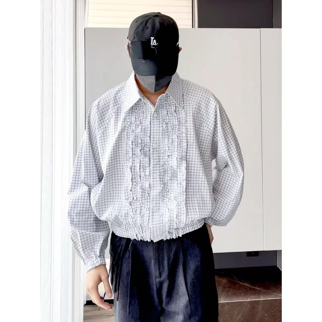 大圣圣 韩版宽松短款蕾丝花边装饰设计格子衬衫男外套FRA 6646