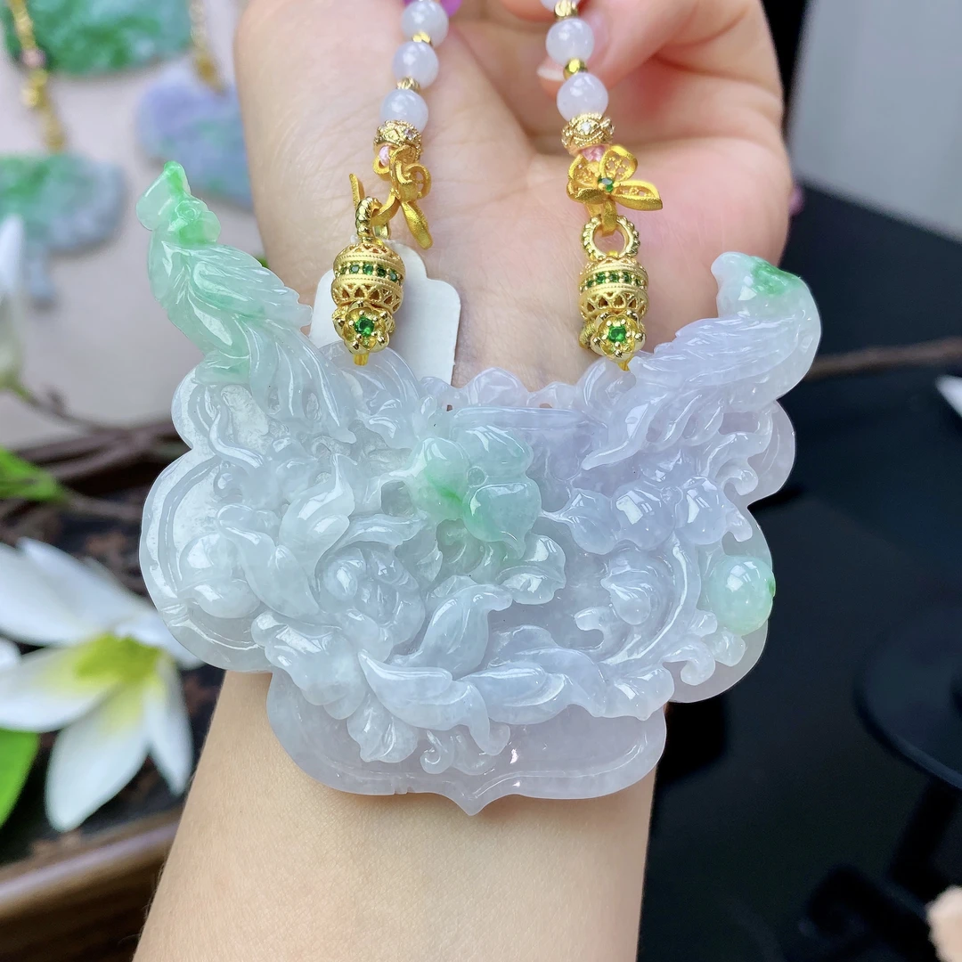 缅甸天然A货翡翠春带彩花鸟如意锁牌原创设计国风