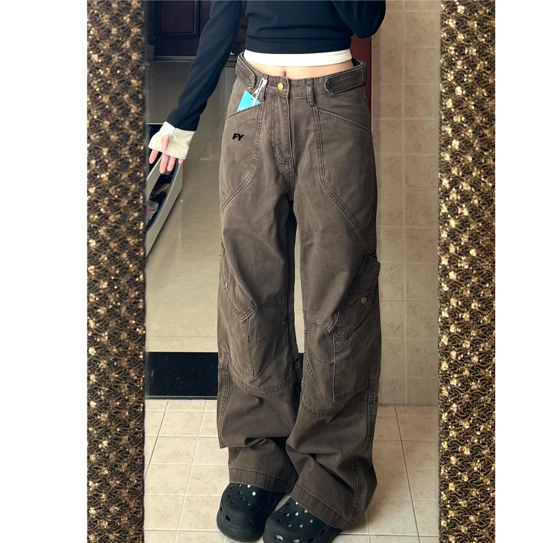 FUYAN芙沿美式复古多口袋工装裤女2025年新款户外休闲直筒登山裤
