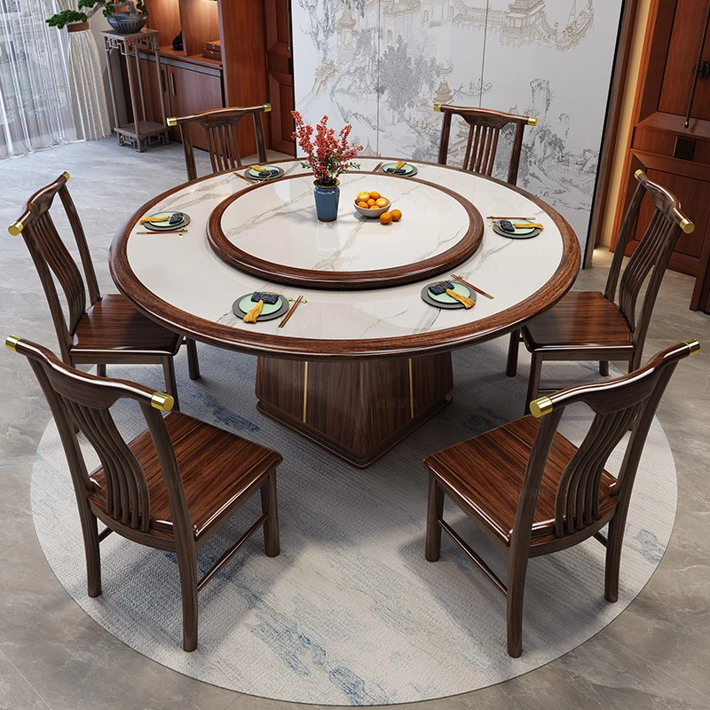 625#新中式乌金木餐桌家用岩板大圆桌饭店包厢带转盘实木客厅餐桌