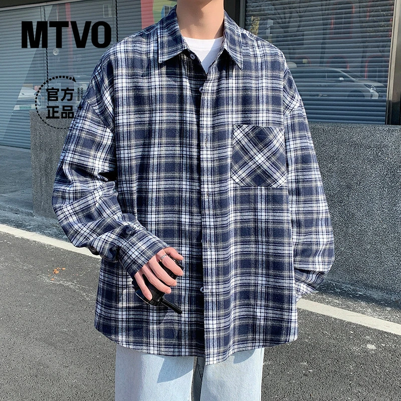 MTVO秋季新品格子衬衫男秋季衬衣美式复古痞帅工装夹克衬衫6302