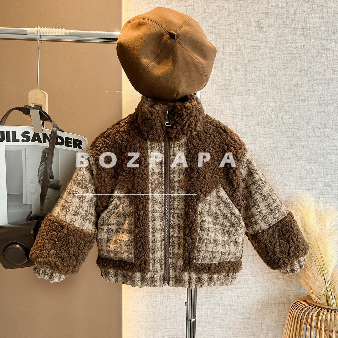 啵小爸【雪夜奇缘】2025冬季新款男童格子拼毛绒小香风夹棉外套