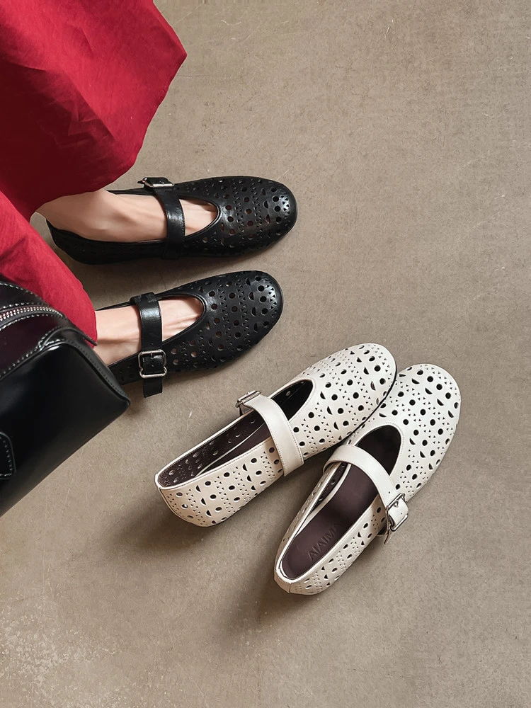 阿丽塔女鞋~2.5cm夏季新款圆头低跟单鞋玛丽珍镂空女鞋舒适白搭