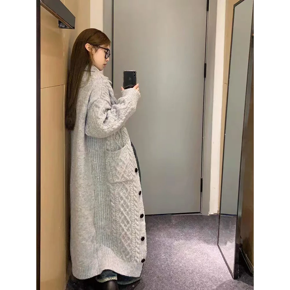 灰色高领毛衣外套女秋冬加厚韩系慵懒穿搭长款针织开衫长款毛衣