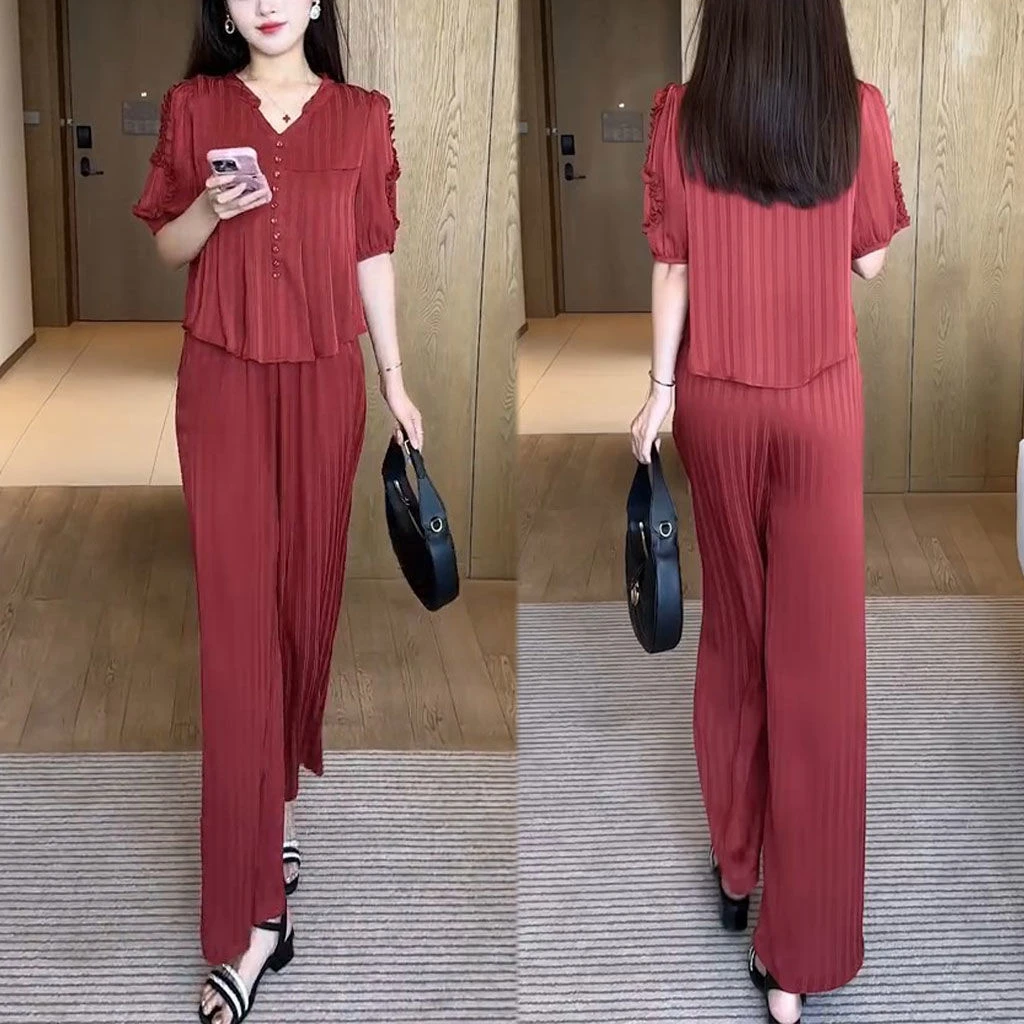 2025夏季新款小个子气质遮肚显瘦设计感短袖上衣阔腿裤两件套装女