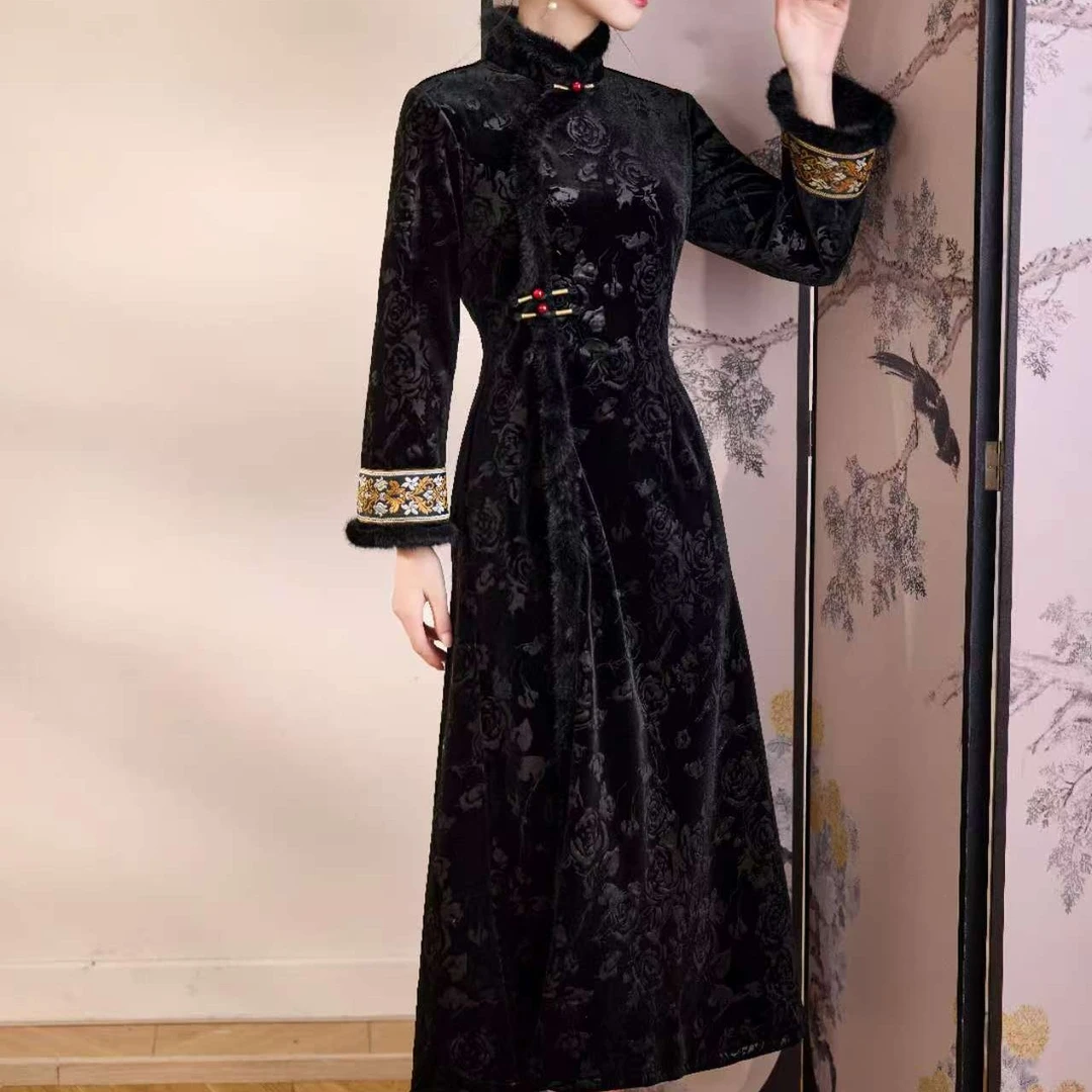 【锦绣至尊】上上喜冬季加厚加绒保暖修身A摆长旗袍