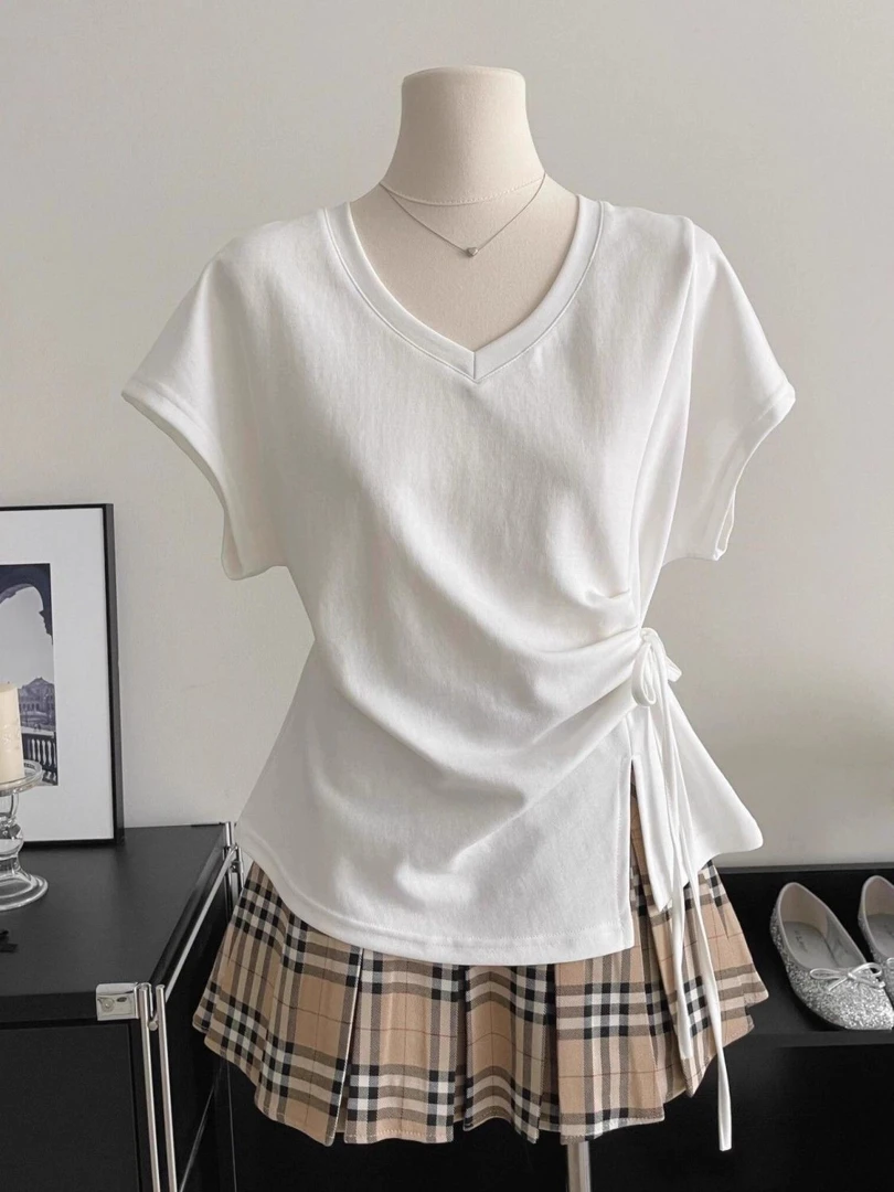 韩系高级感绑腰收腰V领短袖T恤女夏季小众设计感修身蝙蝠袖上衣