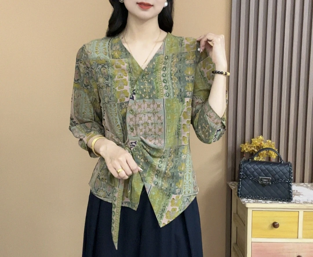 2025夏季新款时尚不规则洋气七分袖气质百搭V领显瘦开衫上衣25818