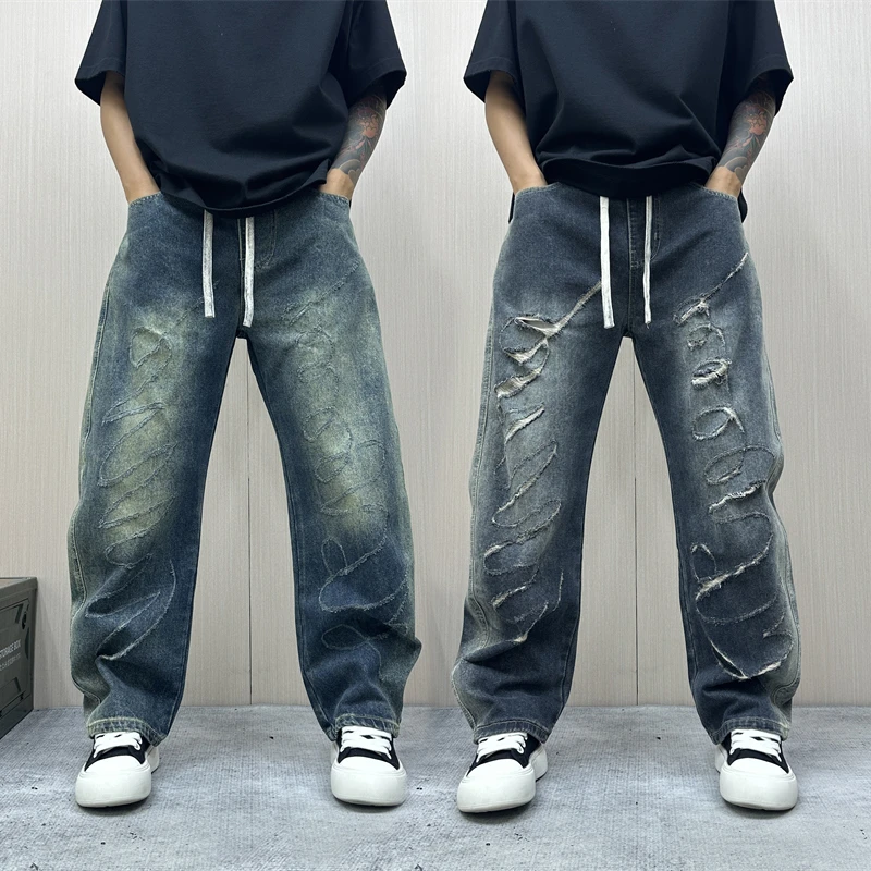 昊Studio秋季男士百搭秋日系秋季做旧牛仔裤美式秋季裤直筒牛仔裤