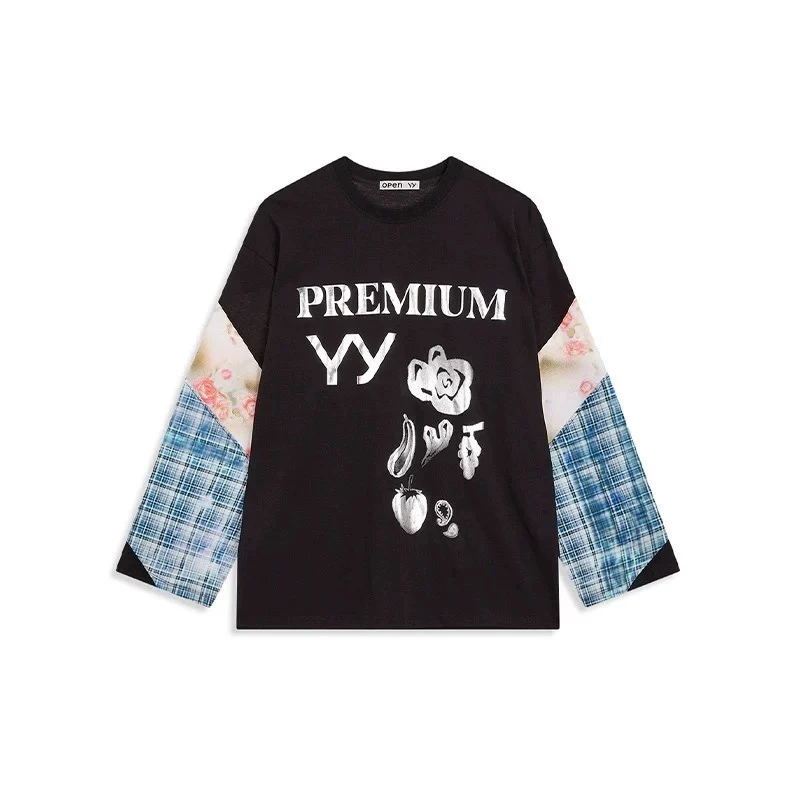 【奥莉】2025春夏:韩式趣味印花拼接长袖T恤上衣010