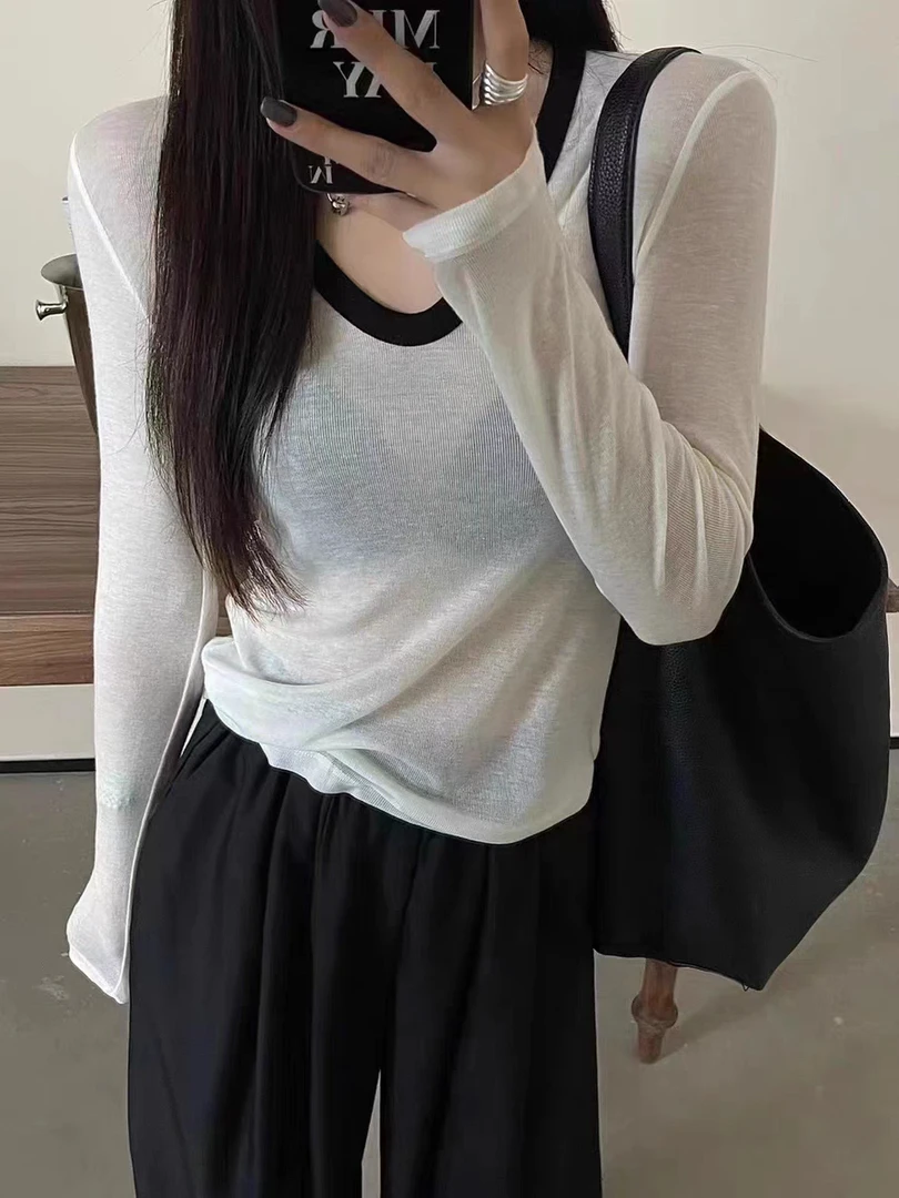 阿玉家&韩国撞色设计U领拼色长袖T恤打底衫女上衣#7280