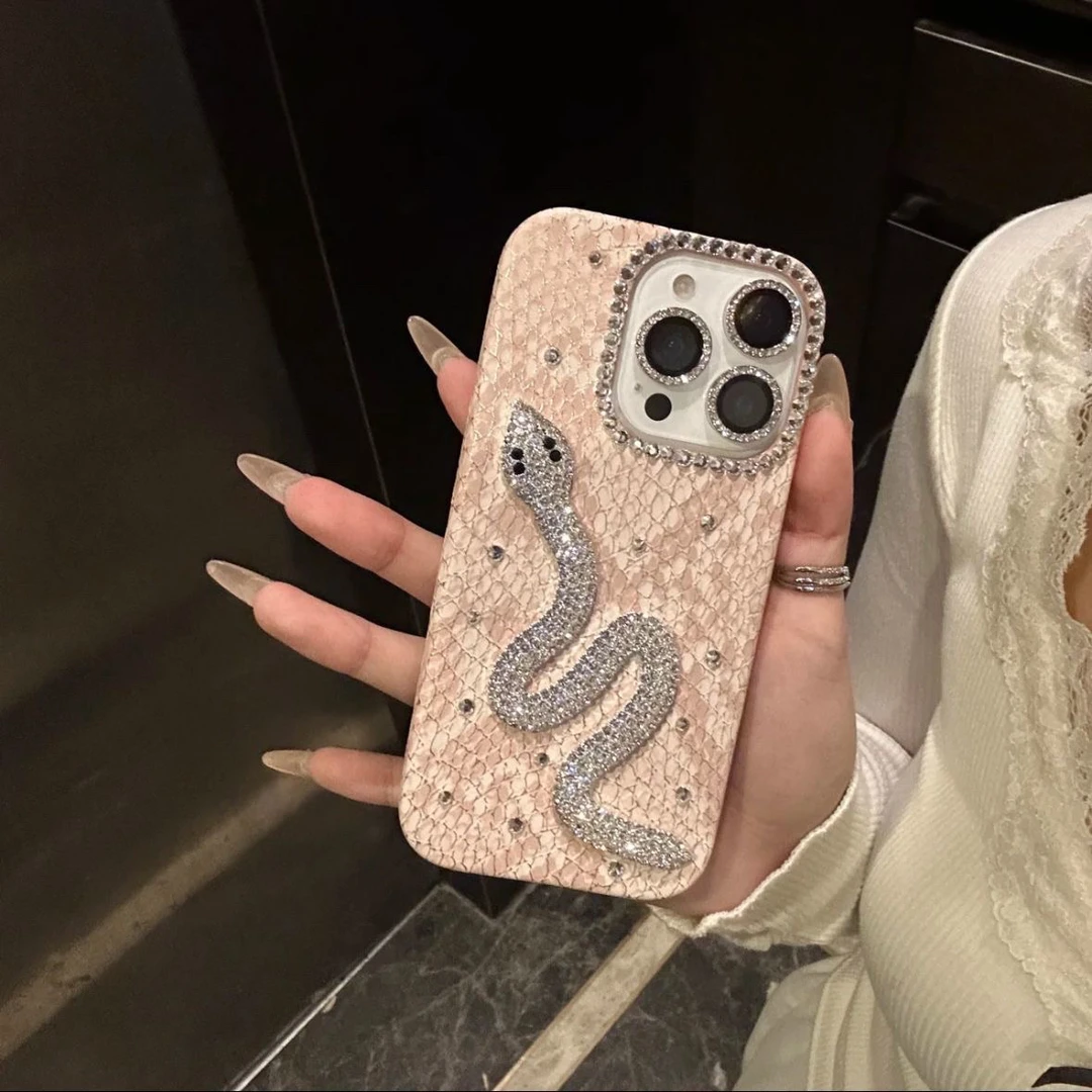 轻奢闪钻荔枝纹蛇钻苹果17promax手机壳iPhone16/15高级感14防摔