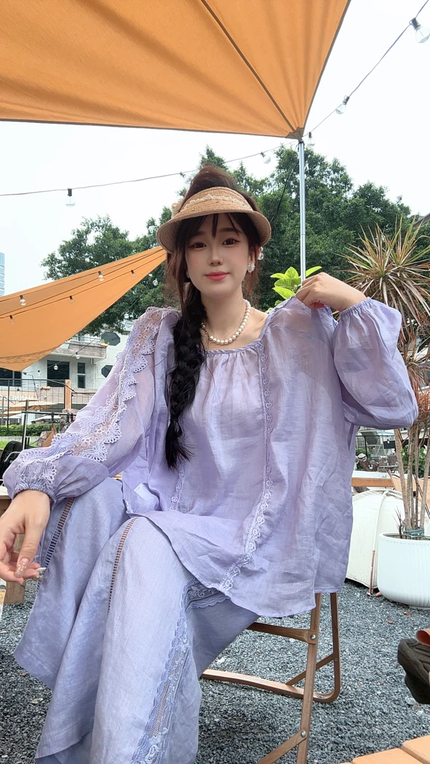 626苎麻钩花百搭显瘦遮肉长袖宽松型印花圆领上衣