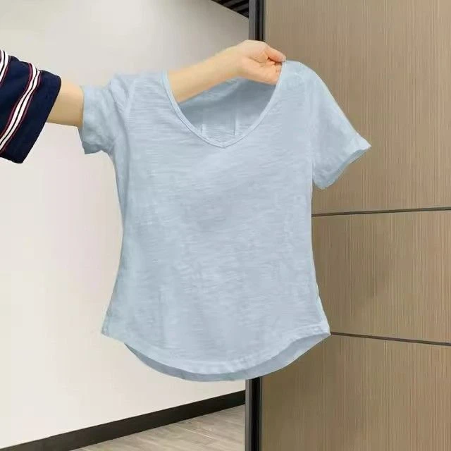 纯欲正肩宽松慵懒风修身显瘦百搭短袖T恤女2025夏季弧形下摆上衣