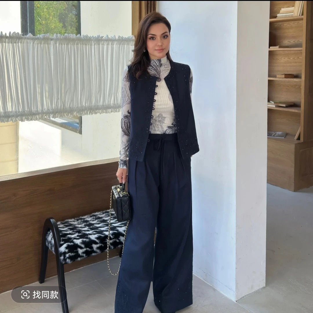 MUBINE 新款中式气质重工刺绣绣花优雅马甲裤子套装 25196