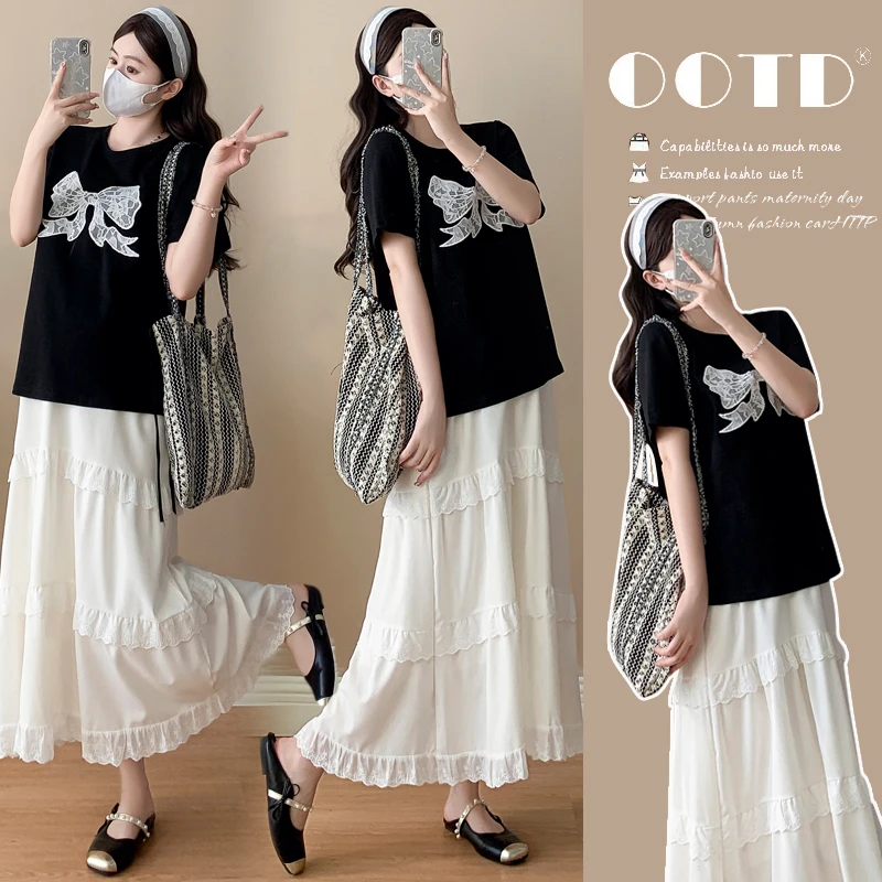 孕妇套装夏季新款时尚洋气减龄蝴蝶结印花短袖上衣高腰显瘦半身裙