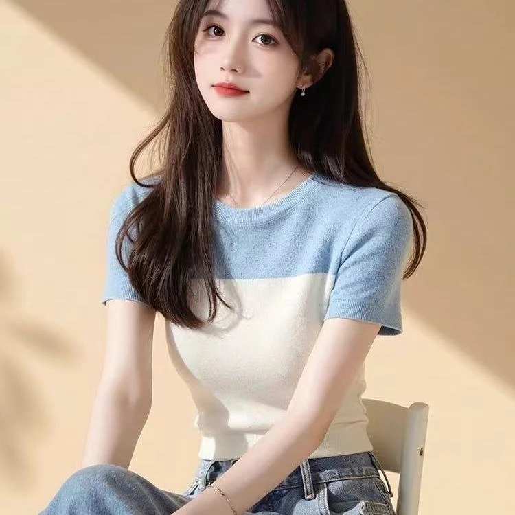 SS669夏季独特别致超好看修身撞色冰丝针织上衣设计感小众短袖t恤