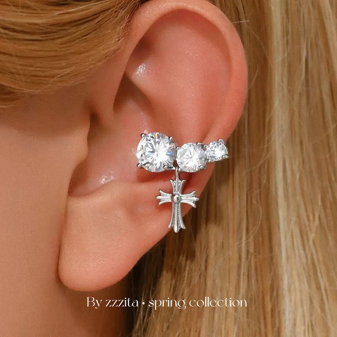 合金合成锆石耳饰 Galaxy Kiss·甜星三重奏～闪钻十字架无耳洞耳夹