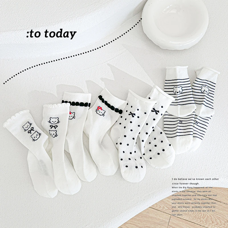 2025春夏新款舒适透气四双装黑白波点小猫无骨儿童袜子 H