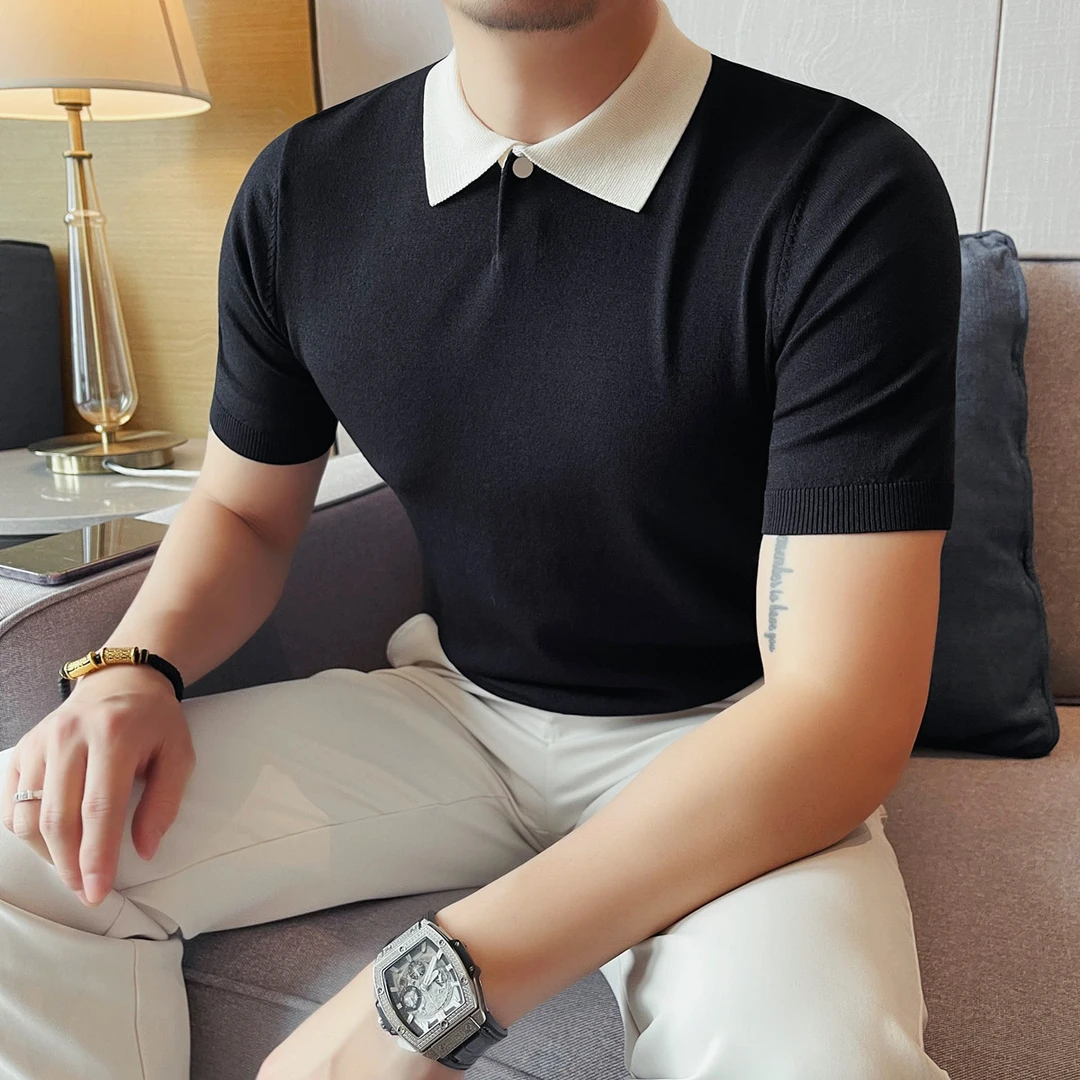 男士短袖polo衫拼色翻领修身商务休闲潮流针织半袖上衣夏季薄款
