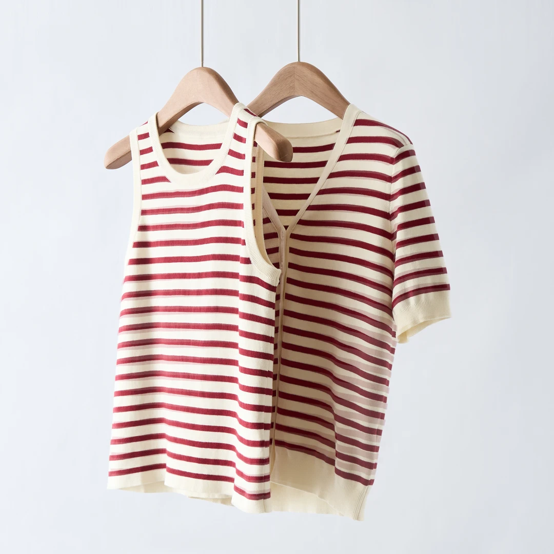 【YS11483】G上2.4k+2025夏季新款薄超细棉条纹针织开衫+背心女