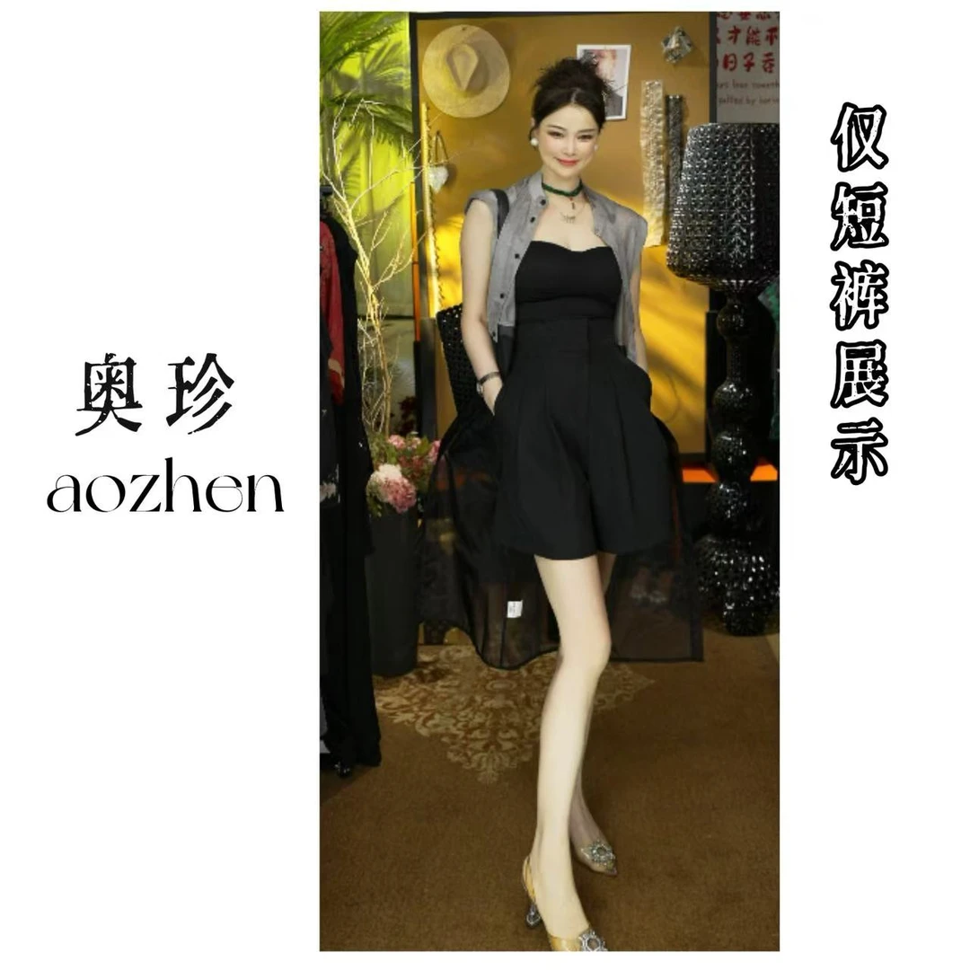 大码西装短裤夏a字胖mm高腰黑色阔腿裤显瘦遮肚款